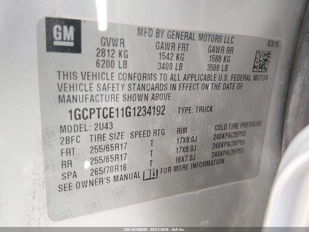 1GCPTCE11G1234192 2016 CHEVROLET COLORADO photo no. 9