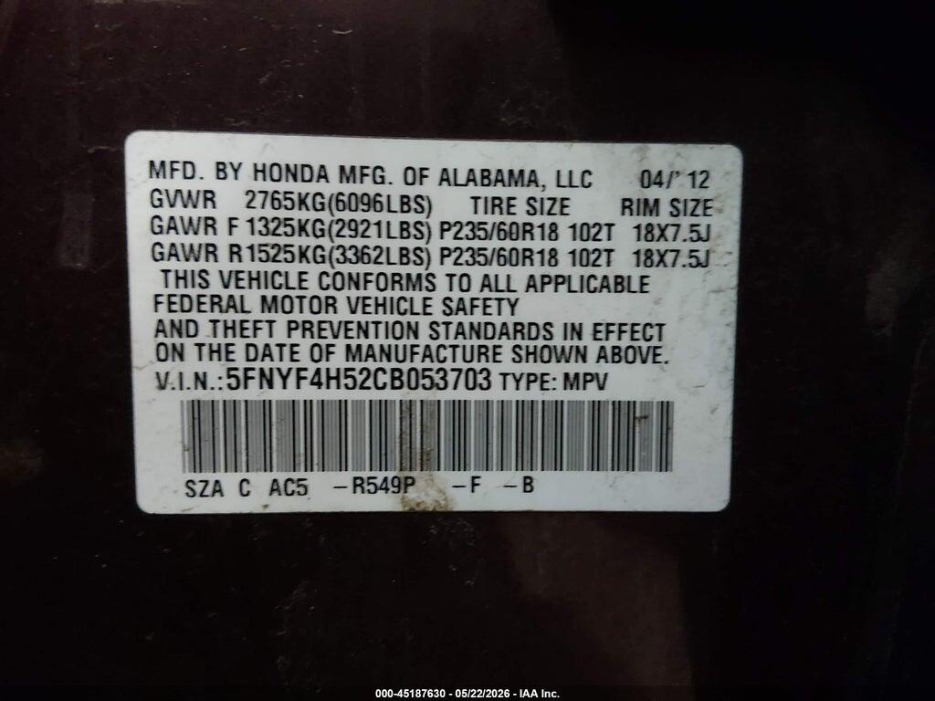 5FNYF4H52CB053703 2012 HONDA PILOT photo no. 9
