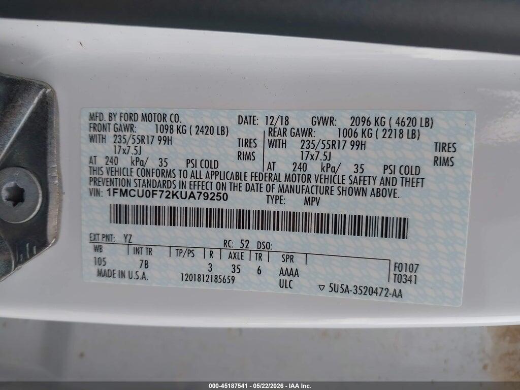 1FMCU0F72KUA79250 2019 FORD ESCAPE photo no. 9