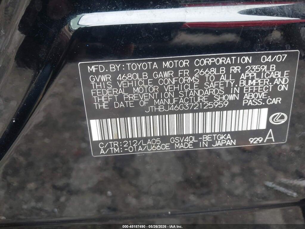 JTHBJ46G372125959 2007 LEXUS ES 350 photo no. 9