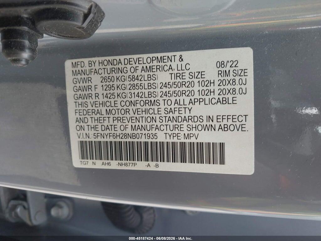 5FNYF6H28NB071935 2022 HONDA PILOT photo no. 9