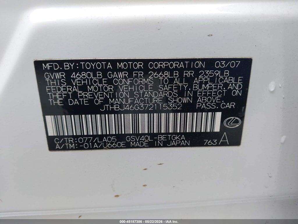 JTHBJ46G372115352 2007 LEXUS ES 350 photo no. 9