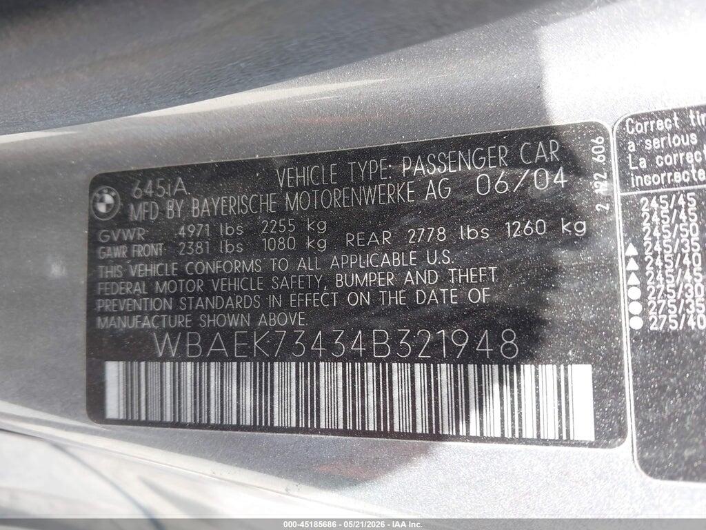 WBAEK73434B321948 2004 BMW 645CI photo no. 9