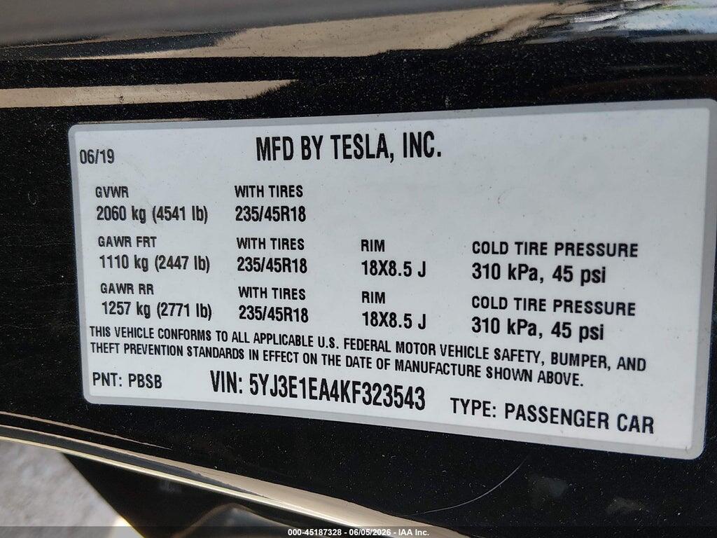 5YJ3E1EA4KF323543 2019 TESLA MODEL 3 photo no. 9