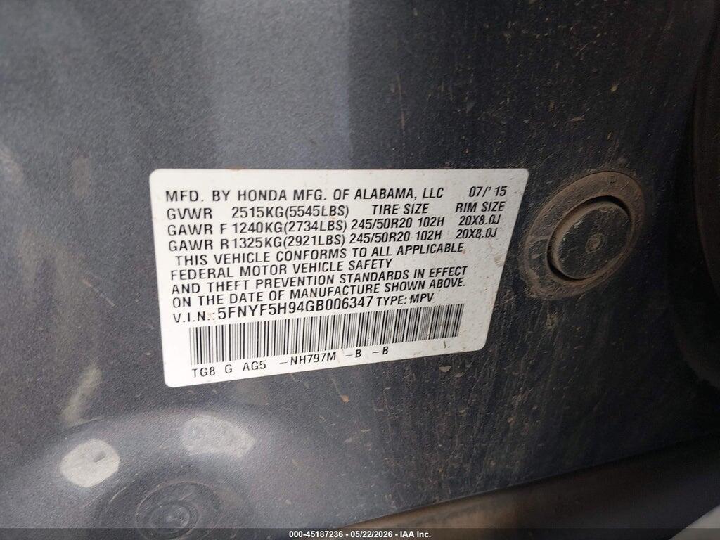 5FNYF5H94GB006347 2016 HONDA PILOT photo no. 9
