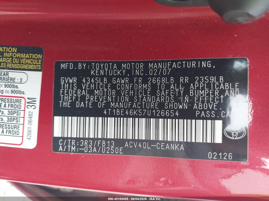 4T1BE46K57U126654 2007 TOYOTA CAMRY photo no. 9