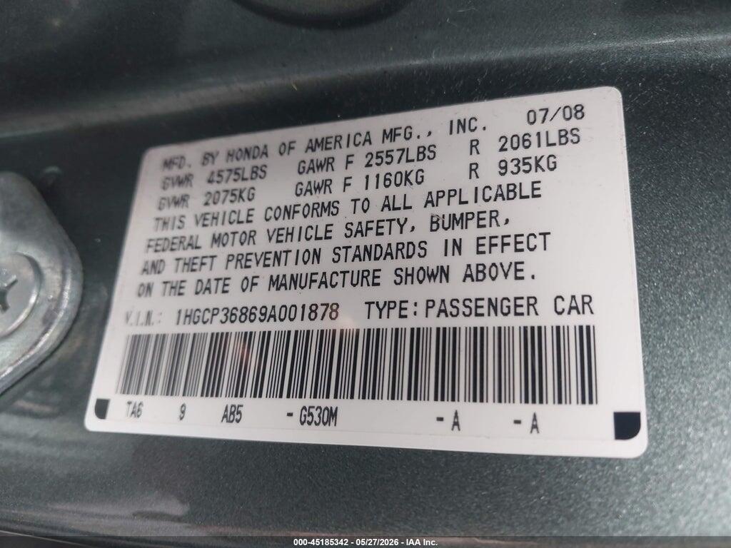 1HGCP36869A001878 2009 HONDA ACCORD photo no. 9