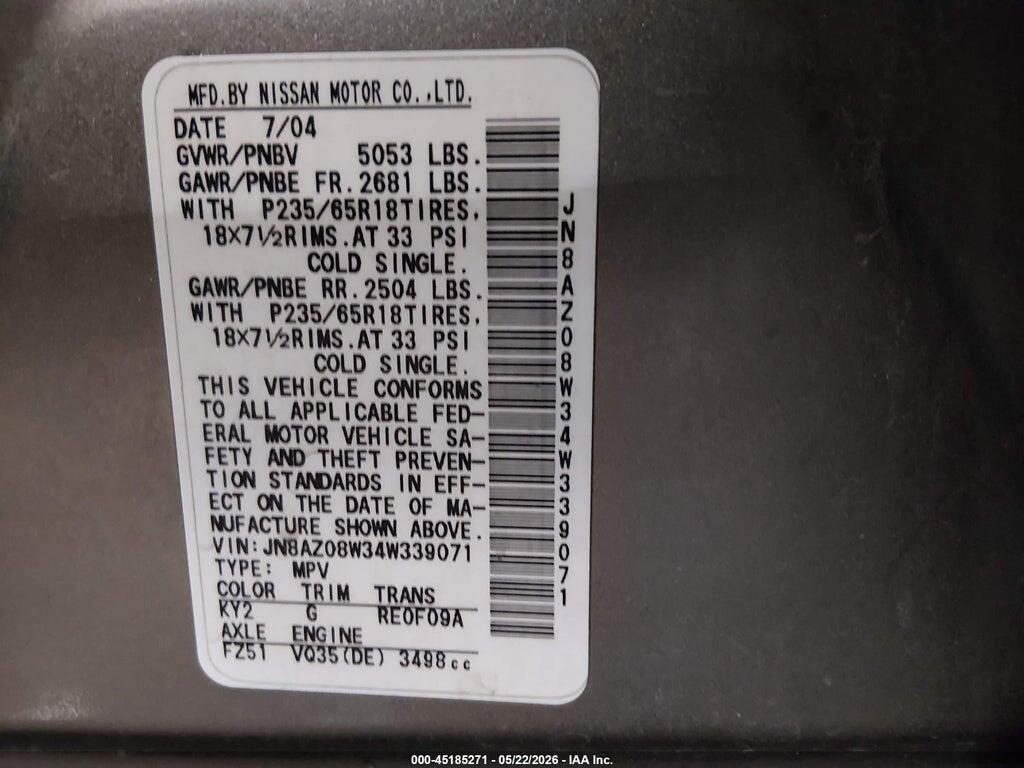 JN8AZ08W34W339071 2004 NISSAN MURANO photo no. 9