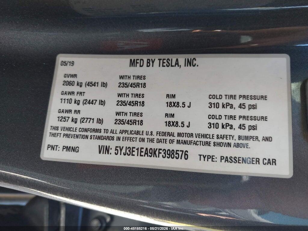 5YJ3E1EA9KF398576 2019 TESLA MODEL 3 photo no. 9