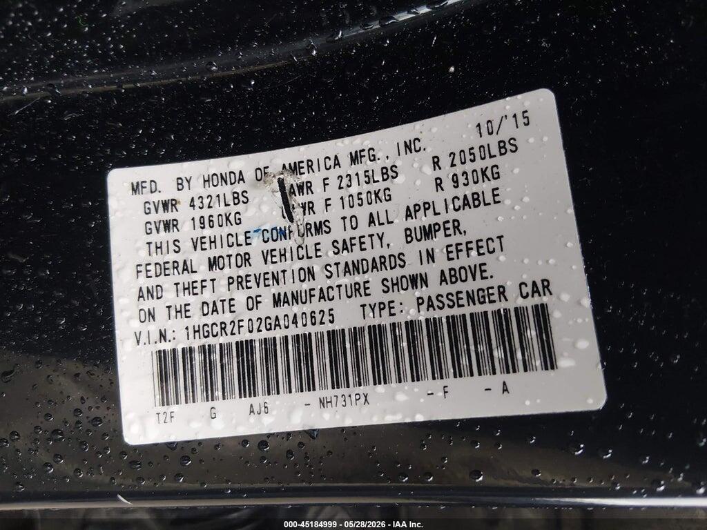1HGCR2F02GA040625 2016 HONDA ACCORD photo no. 9