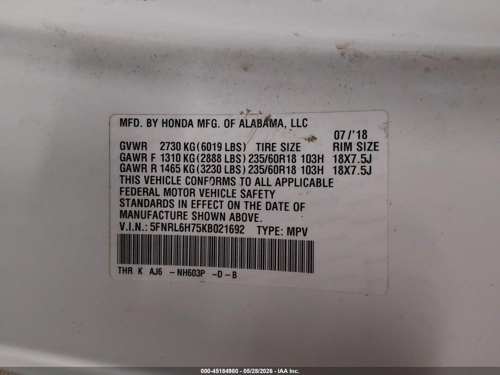 5FNRL6H75KB021692 2019 HONDA ODYSSEY photo no. 9
