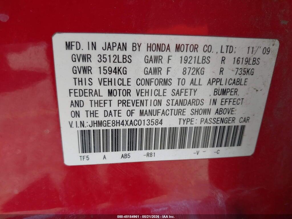JHMGE8H4XAC013584 2010 HONDA FIT photo no. 9