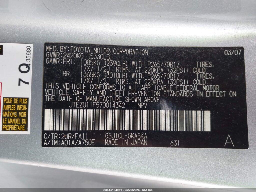 JTEZU11F570014342 2007 TOYOTA FJ CRUISER photo no. 9