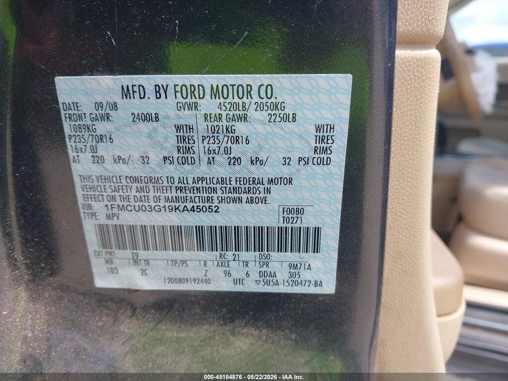1FMCU03G19KA45052 2009 FORD ESCAPE photo no. 9