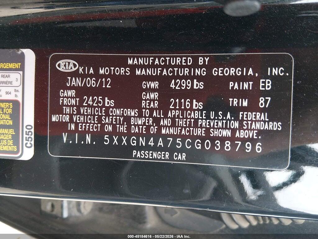 5XXGN4A75CG038796 2012 KIA OPTIMA photo no. 9