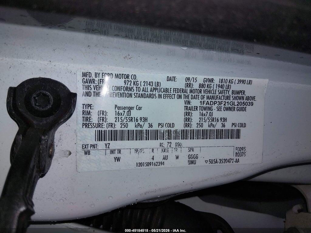 1FADP3F21GL205039 2016 FORD FOCUS photo no. 9