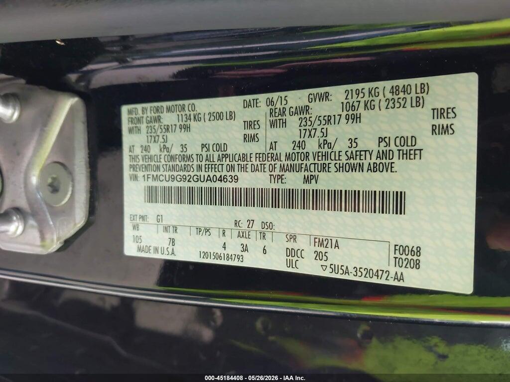 1FMCU9G92GUA04639 2016 FORD ESCAPE photo no. 9