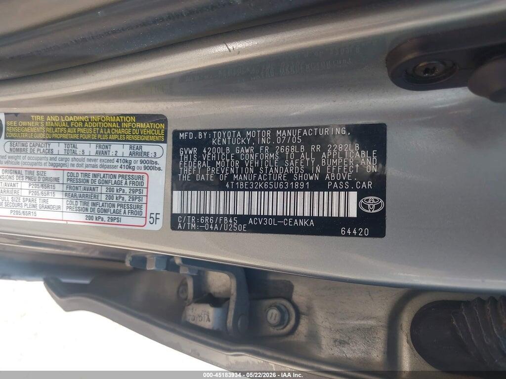 4T1BE32K65U631891 2005 TOYOTA CAMRY photo no. 9