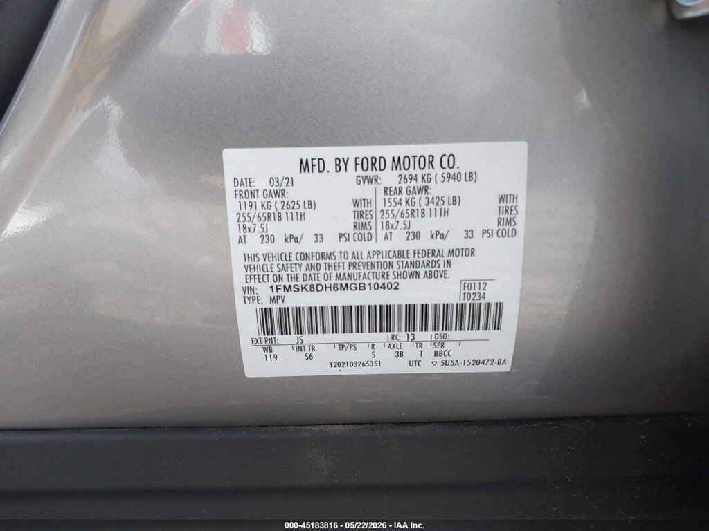 1FMSK8DH6MGB10402 2021 FORD EXPLORER photo no. 9