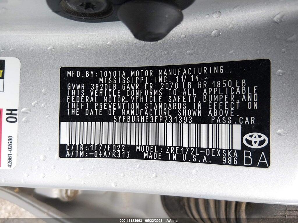 5YFBURHE3FP231393 2015 TOYOTA COROLLA photo no. 9