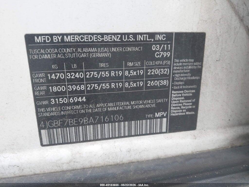 4JGBF7BE9BA716106 2011 MERCEDES-BENZ GL 450 photo no. 9