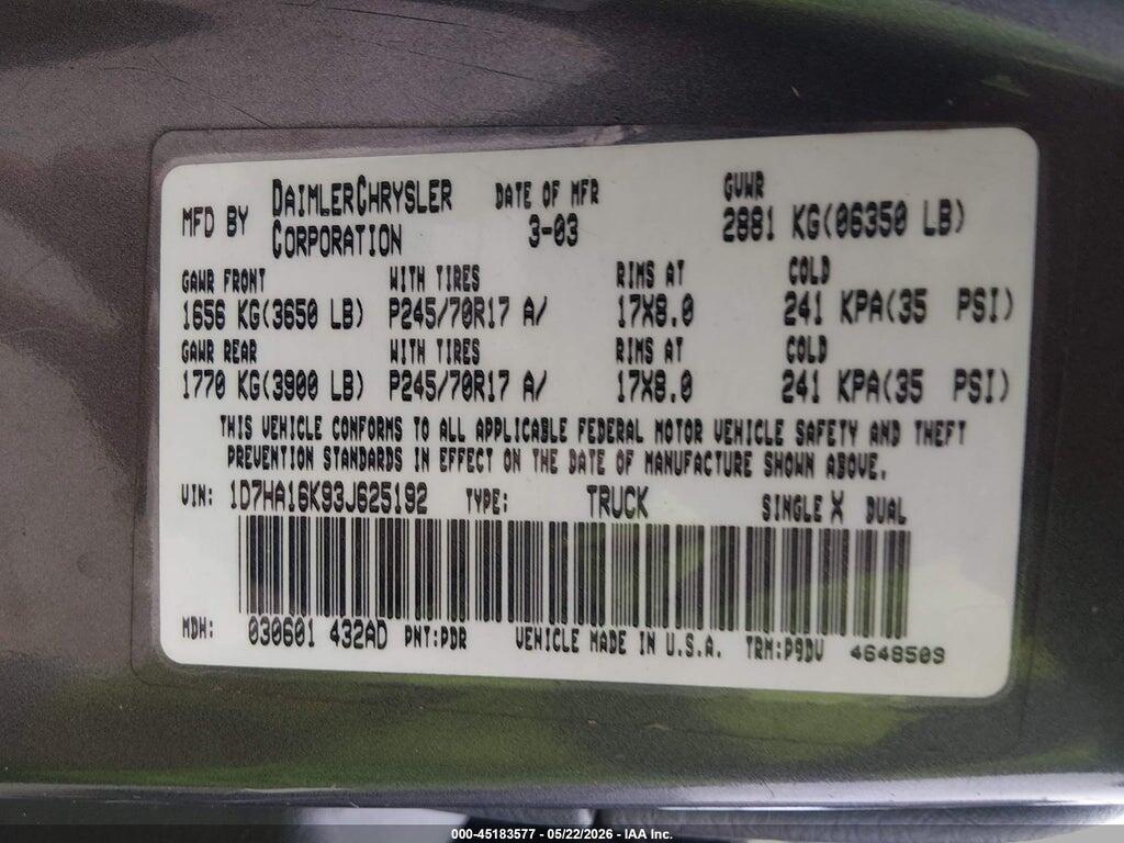 1D7HA16K93J625192 2003 DODGE RAM 1500 photo no. 9