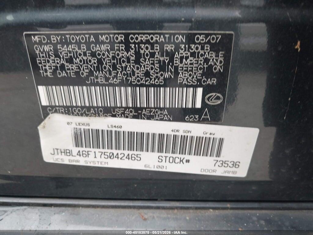 JTHBL46F175042465 2007 LEXUS LS 460 photo no. 9