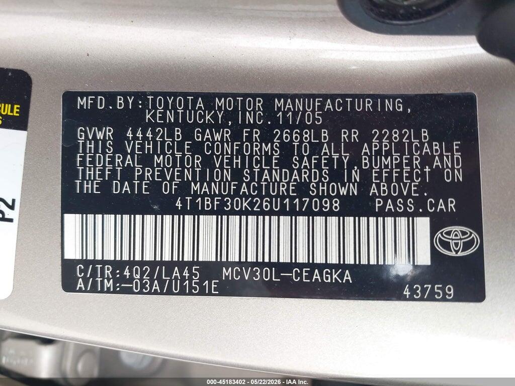 4T1BF30K26U117098 2006 TOYOTA CAMRY photo no. 9