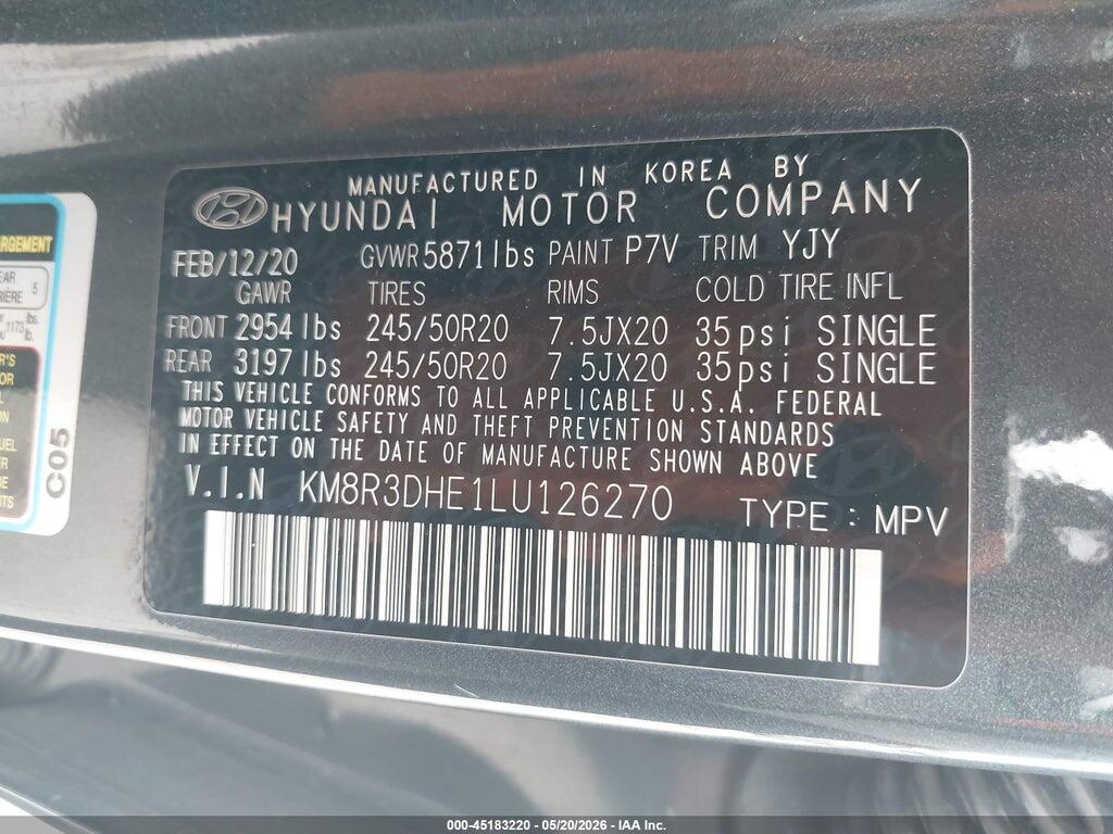 KM8R3DHE1LU126270 2020 HYUNDAI PALISADE photo no. 9