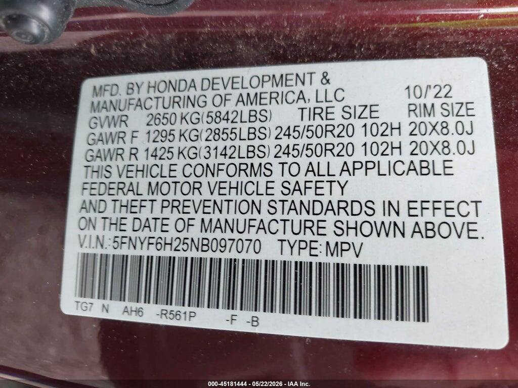 5FNYF6H25NB097070 2022 HONDA PILOT photo no. 9