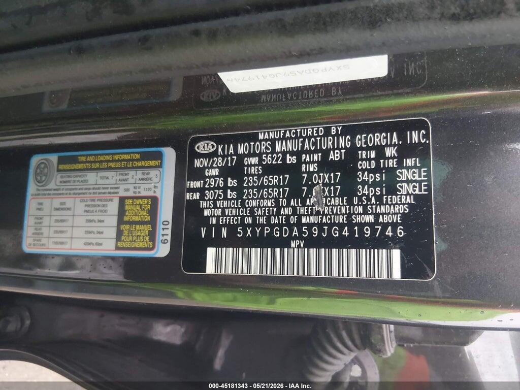 5XYPGDA59JG419746 2018 KIA SORENTO photo no. 9