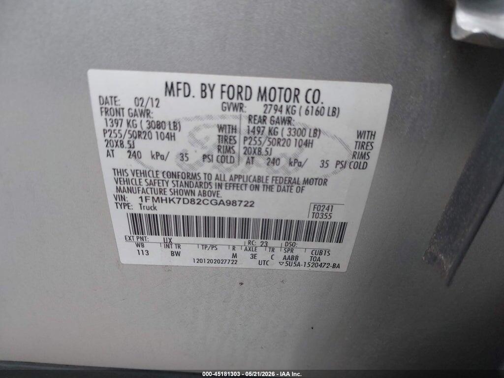 1FMHK7D82CGA98722 2012 FORD EXPLORER photo no. 9