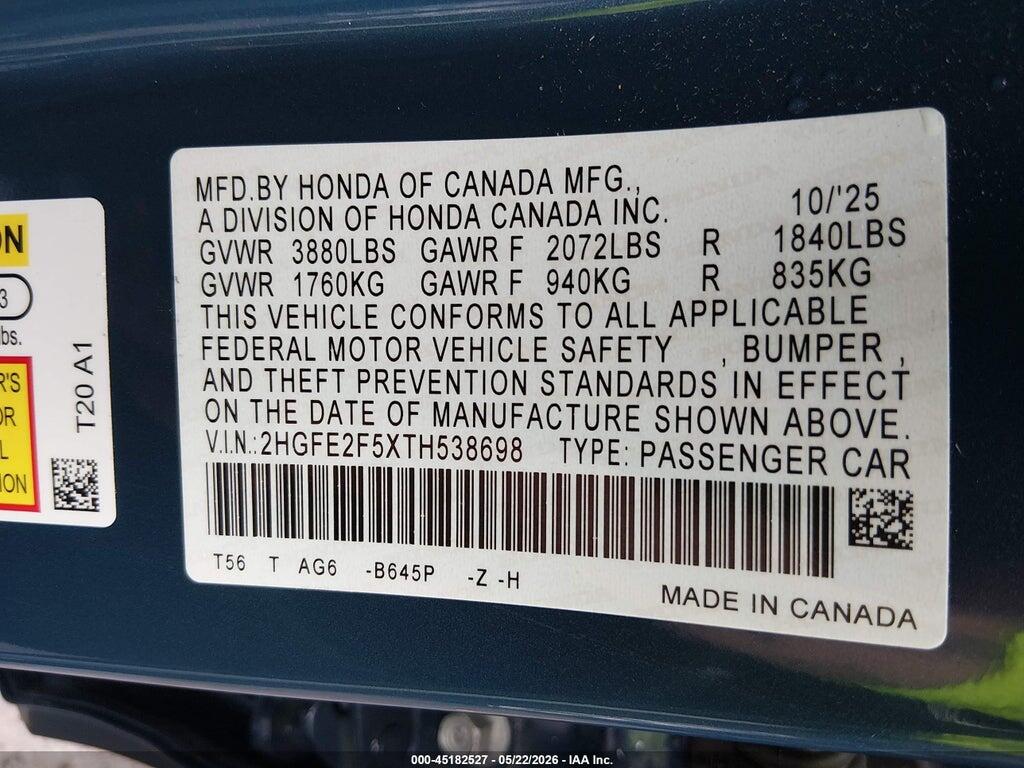 2HGFE2F5XTH538698 2026 HONDA CIVIC photo no. 9