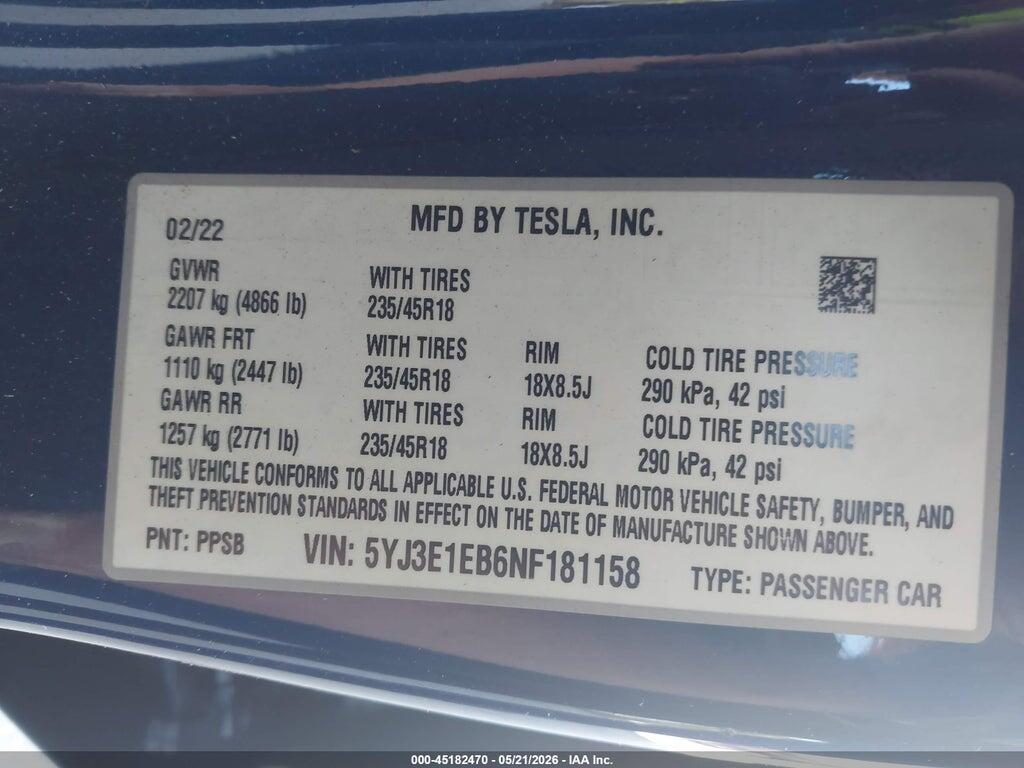 5YJ3E1EB6NF181158 2022 TESLA MODEL 3 photo no. 9