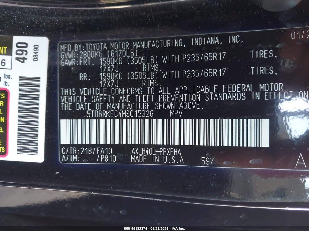 5TDBRKEC4MS015326 2021 TOYOTA SIENNA photo no. 9