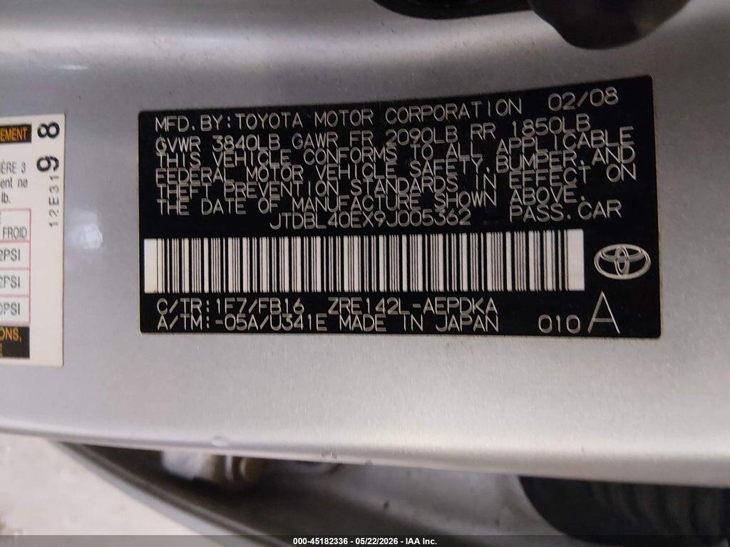 JTDBL40EX9J005362 2009 TOYOTA COROLLA photo no. 9