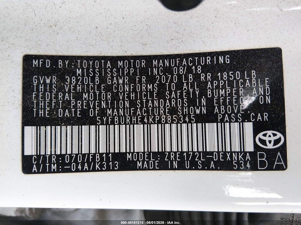 5YFBURHE4KP885345 2019 TOYOTA COROLLA photo no. 9