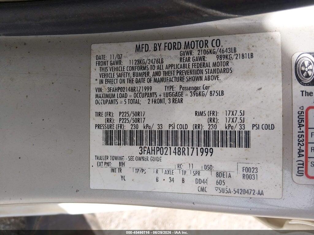 3FAHP02148R171999 2008 FORD FUSION photo no. 9
