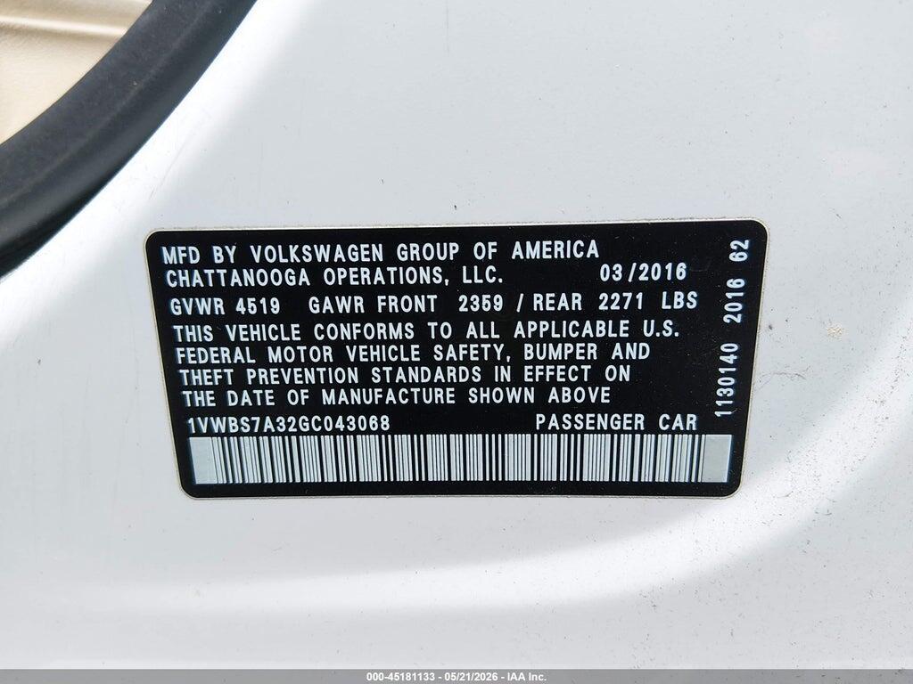1VWBS7A32GC043068 2016 VOLKSWAGEN PASSAT photo no. 9