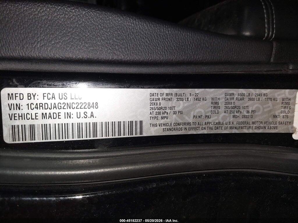 1C4RDJAG2NC222848 2022 DODGE DURANGO photo no. 9