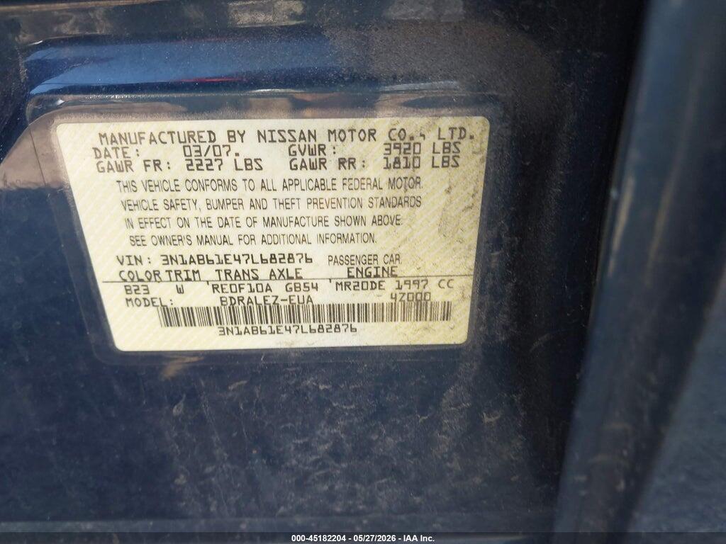 3N1AB61E47L682876 2007 NISSAN SENTRA photo no. 9