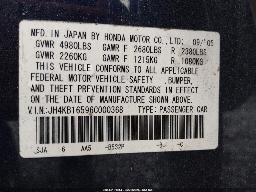 JH4KB16596C000368 2006 ACURA RL photo no. 9