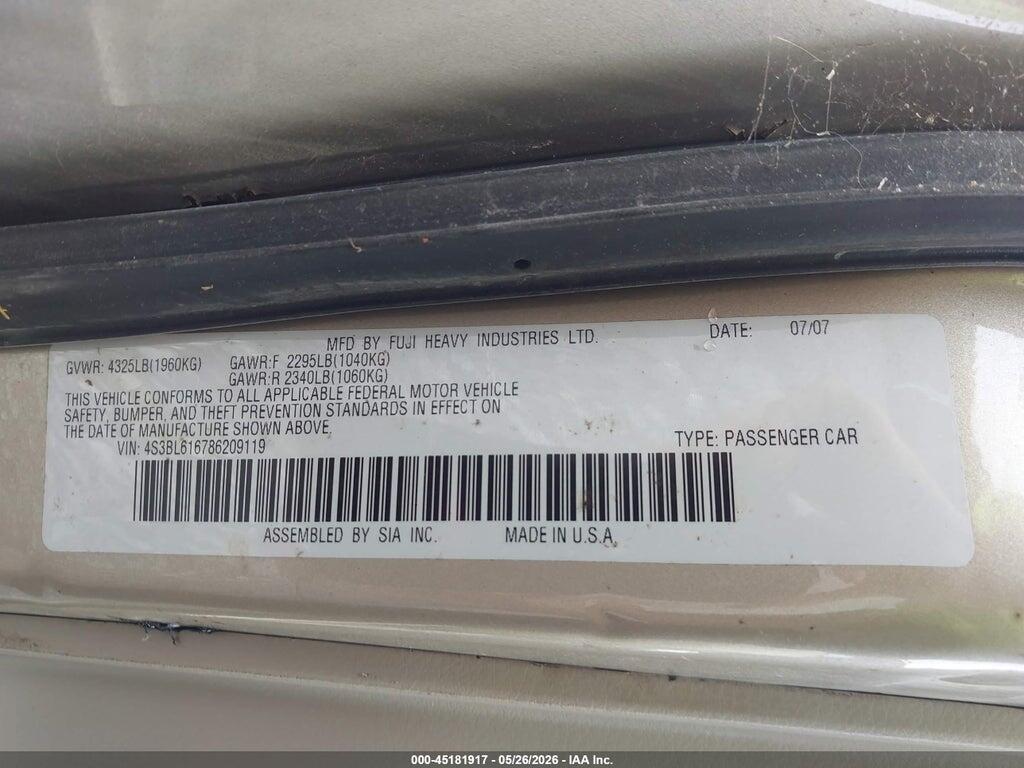 4S3BL616786209119 2008 SUBARU LEGACY photo no. 9
