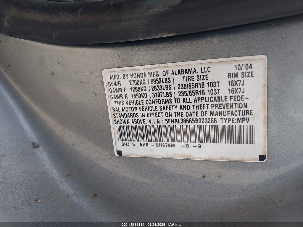 5FNRL38665B023266 2005 HONDA ODYSSEY photo no. 9