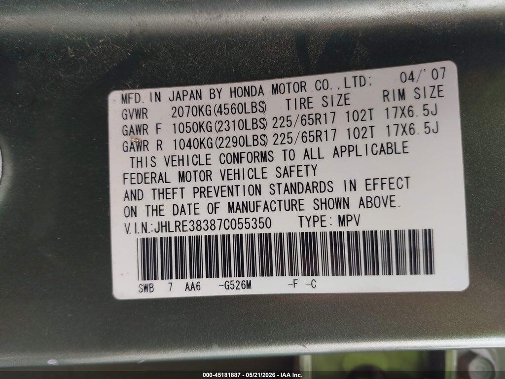 JHLRE38387C055350 2007 HONDA CR-V photo no. 9