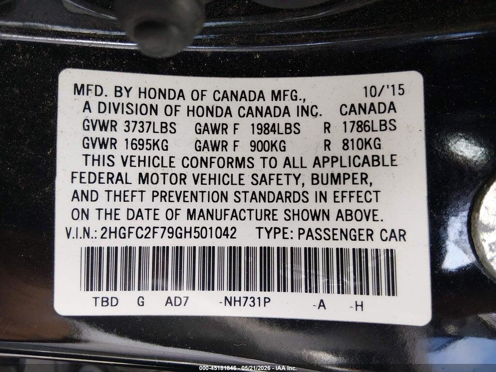 2HGFC2F79GH501042 2016 HONDA CIVIC photo no. 9