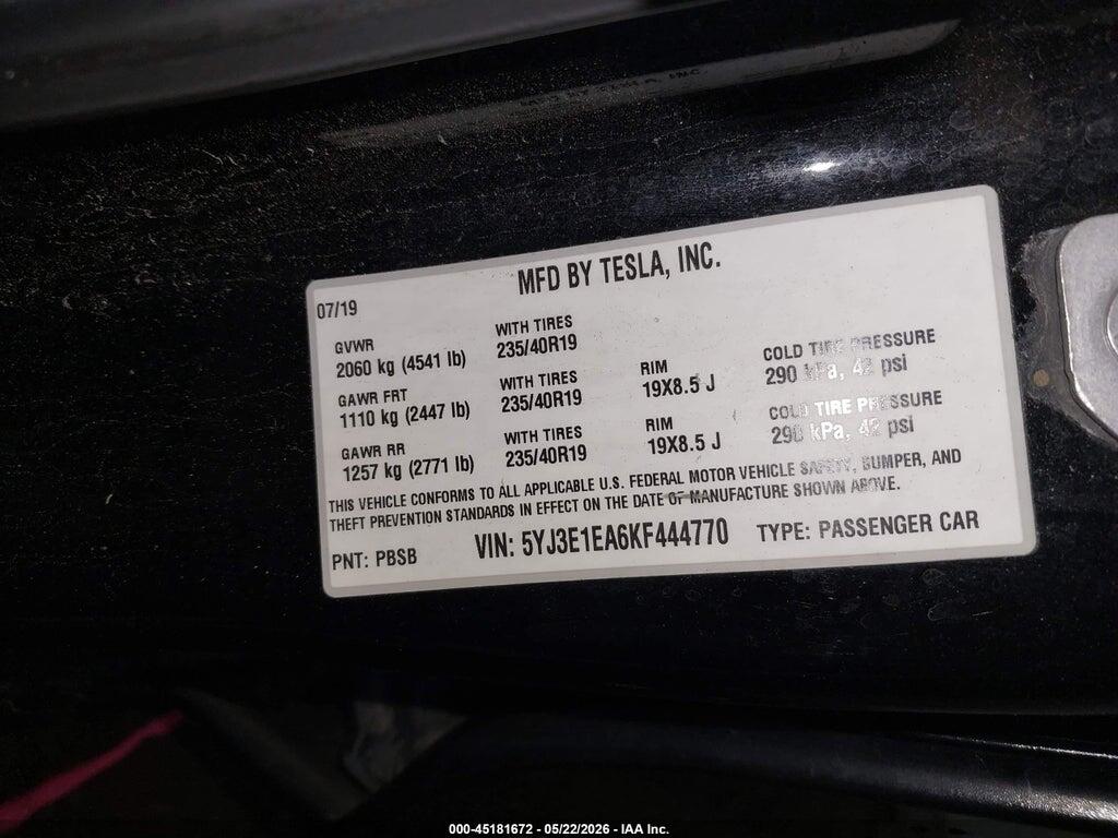 5YJ3E1EA6KF444770 2019 TESLA MODEL 3 photo no. 9