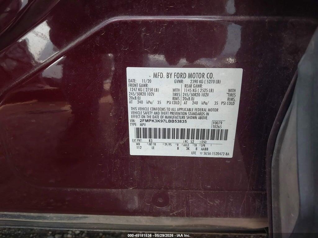 2FMPK3K97LBB53835 2020 FORD EDGE photo no. 9