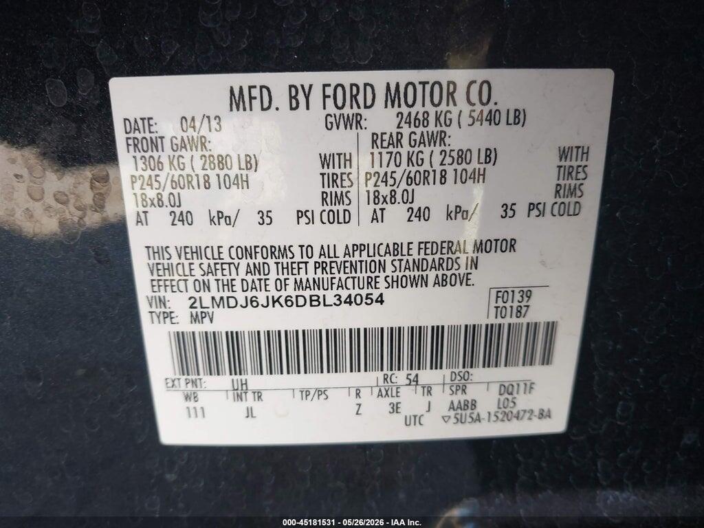 2LMDJ6JK6DBL34054 2013 LINCOLN MKX photo no. 9