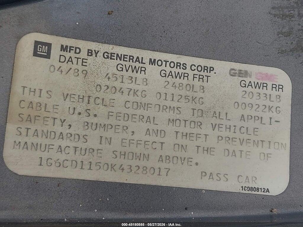 1G6CD1150K4328017 1989 CADILLAC DEVILLE photo no. 9